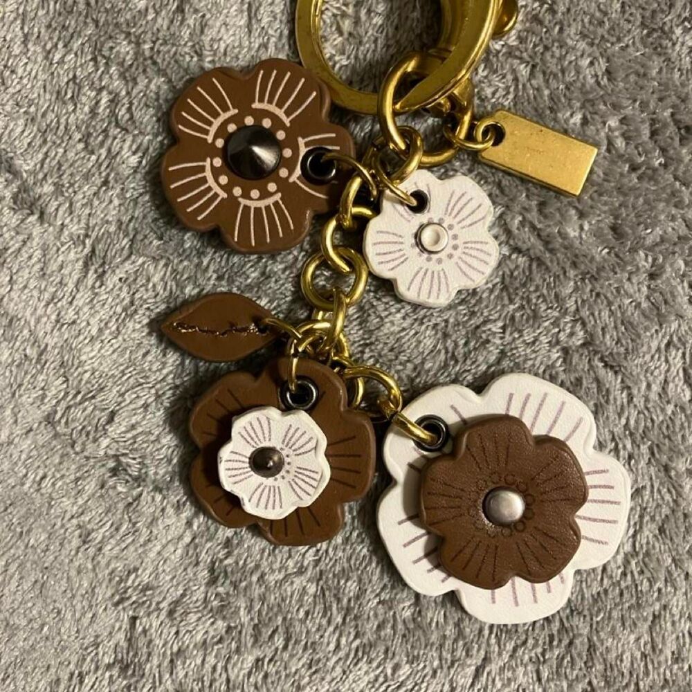 Brown & White Floral Key Chain or Bag Charm - Picture 2 of 2